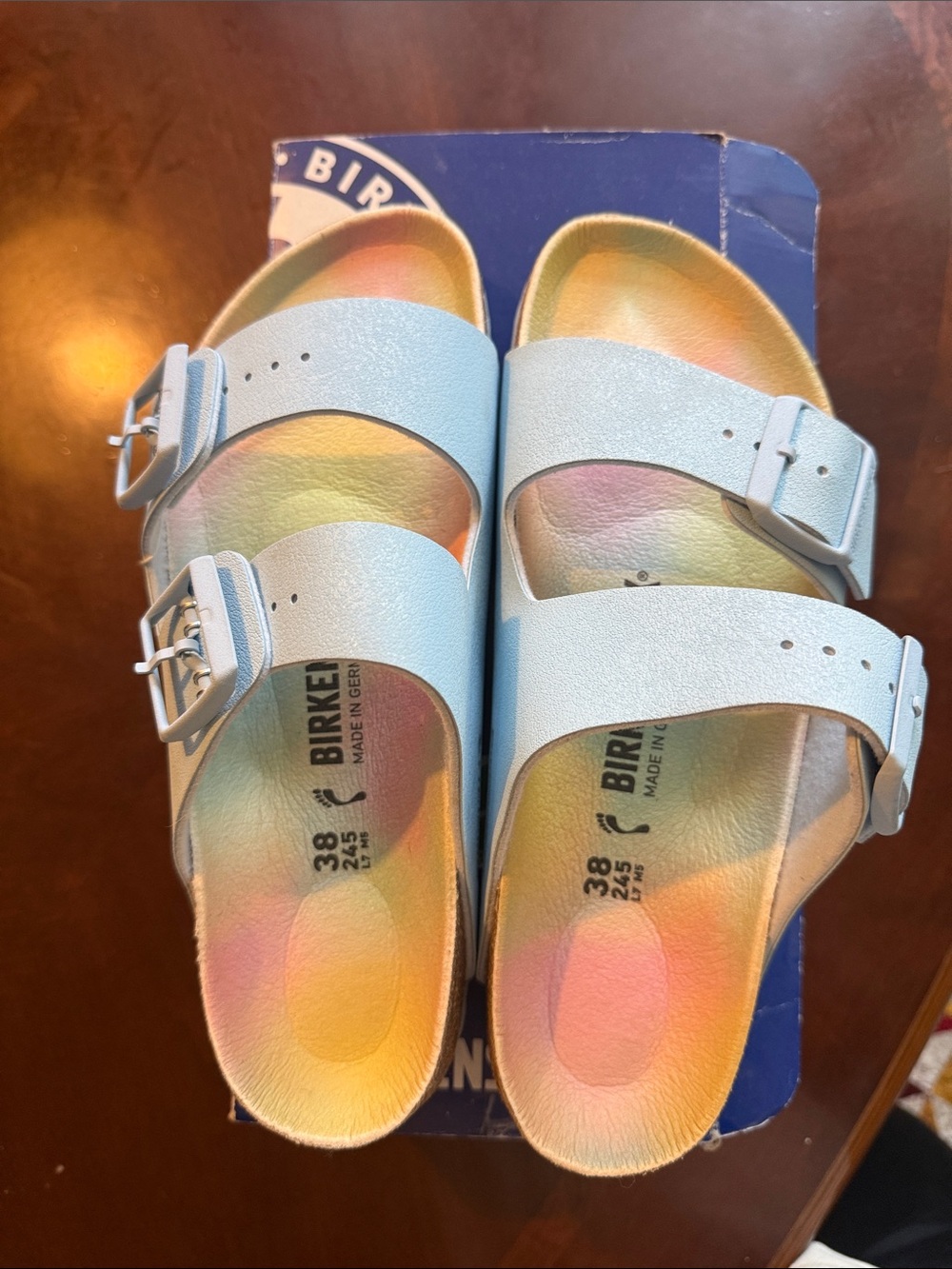 Birkenstock Arizona Sandals in Pale Blue with Iridescent Footbed